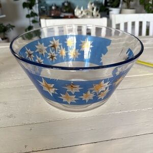 Bartlett & Collin’s Vintage Blue & Gold atomic era starburst Glass popcorn Bowl